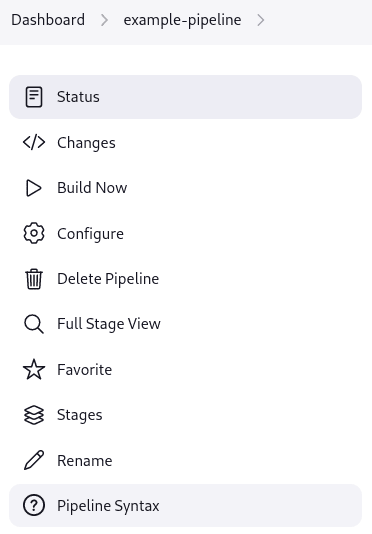Jenkins Classic UI sidebar for 'example-pipeline', showing options: Status, Changes, Build Now, Configure, Delete Pipeline, Full Stage View, Stages, Rename and Pipeline Syntax.