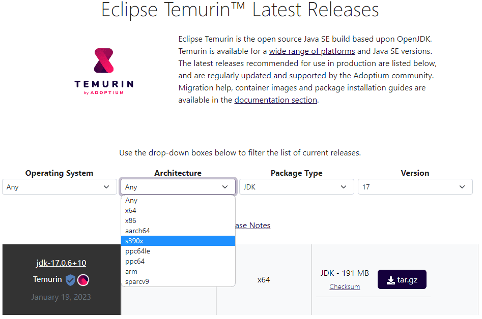 Temurin supported architectures